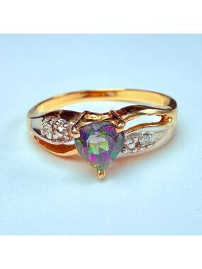 Estate Caspian 10K Yellow Gold .50CT Heart Mystic Topaz & Diamond Vintage Ring